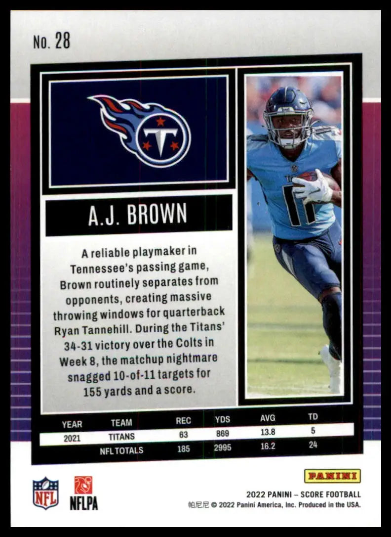A.J. Brown football card from 2022 Score series featuring Tennessee Titans wide receiver