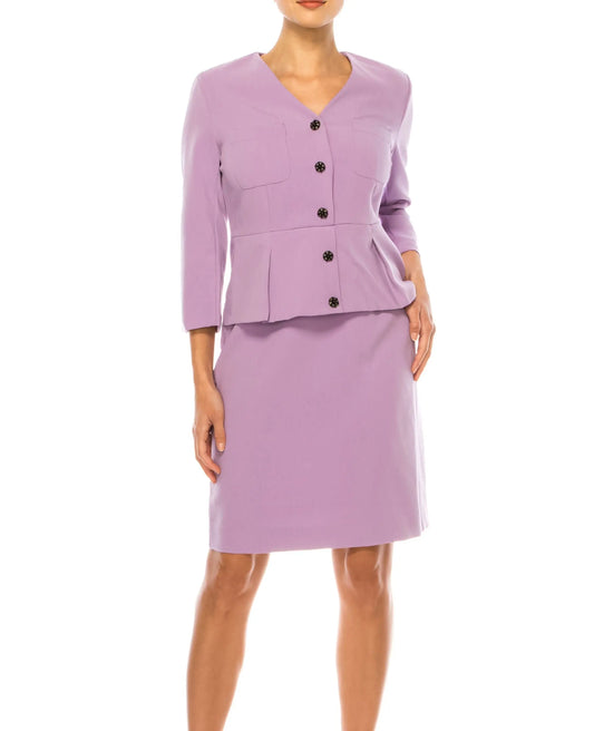 Lavender purple women’s skirt suit with peplum jacket and knee-length skirt by Nicole Miller