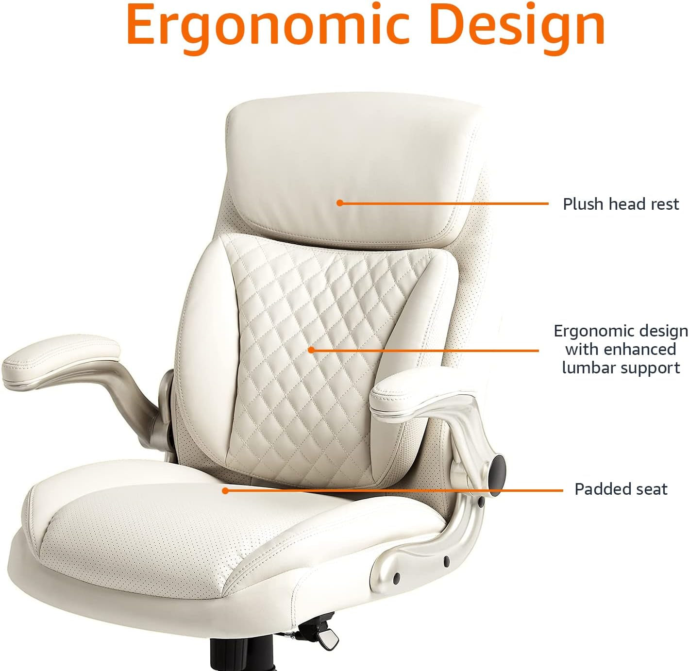 Ergonomic Desk Office Chair, Flip-Up Armrests, Adjustable Height, Cream Leather-4