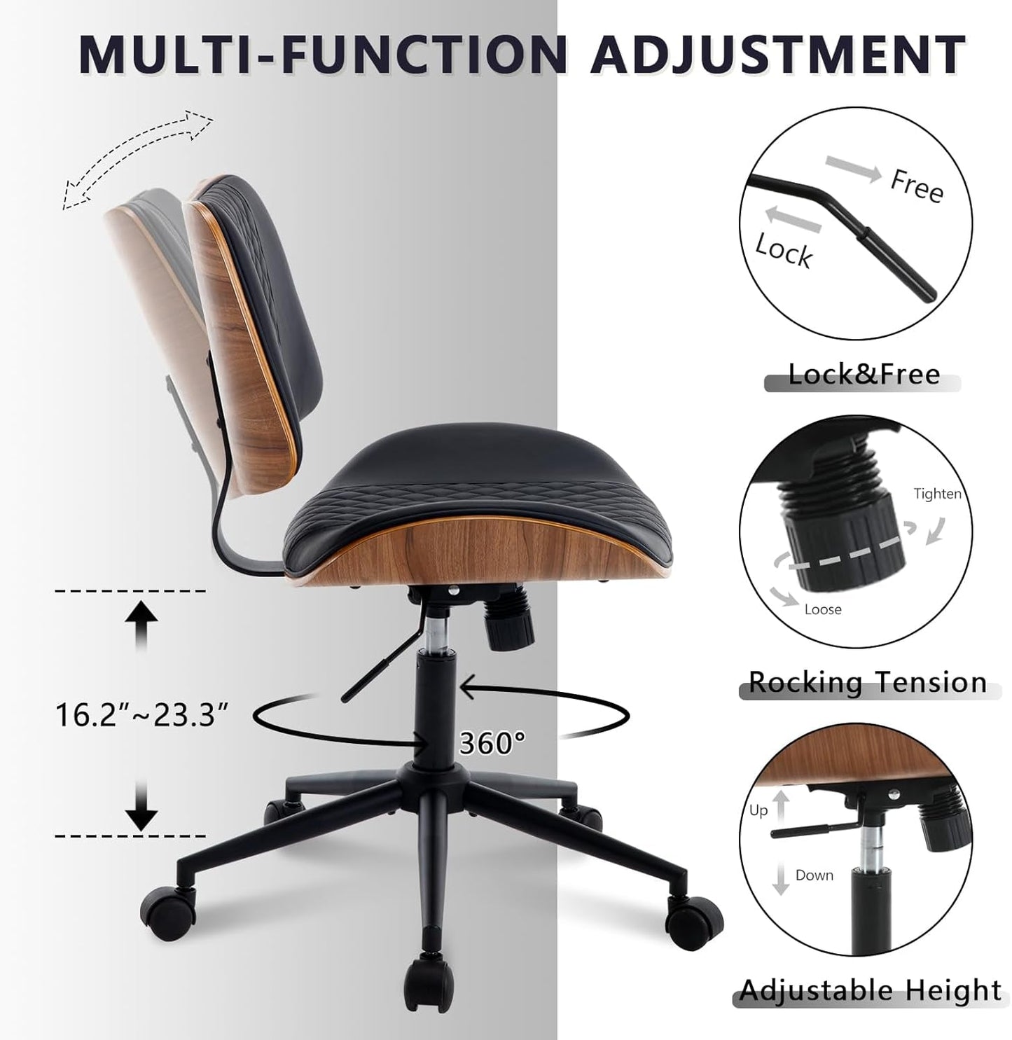 Home Office Chair No Arms with Wheels, Adjustable Height Small Desk Chair, PU Leather Mid Back 360 Swivel Computer Chair, Armless Modern Walnut Chair for Office, Reading Meeting Room(Black)-4
