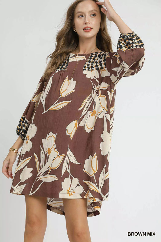 Umgee Apparel, Brown Floral High-Low, Babydoll Day Dress SM/MED/LG