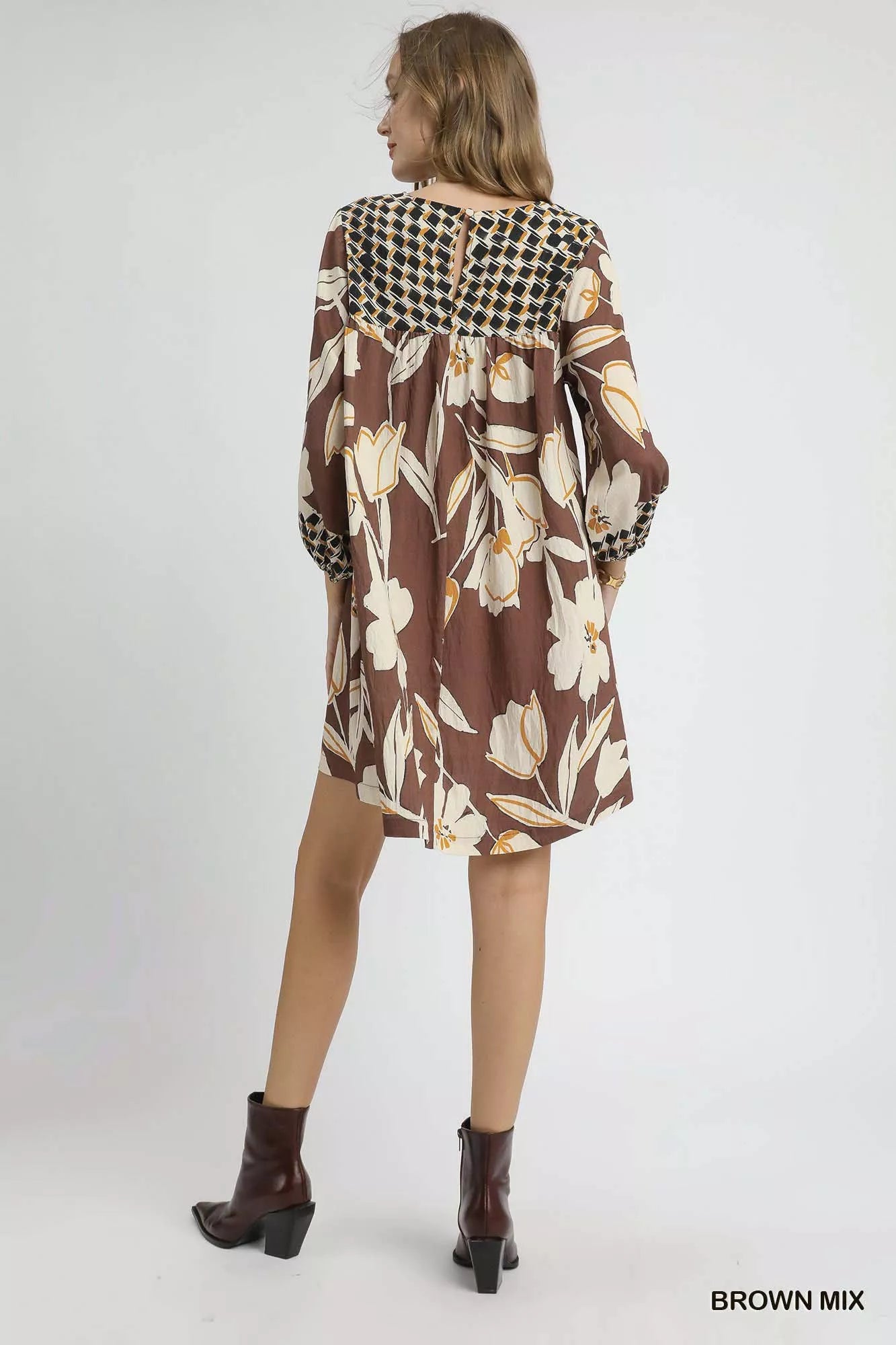 Umgee Apparel, Brown Floral High-Low, Babydoll Day Dress SM/MED/LG