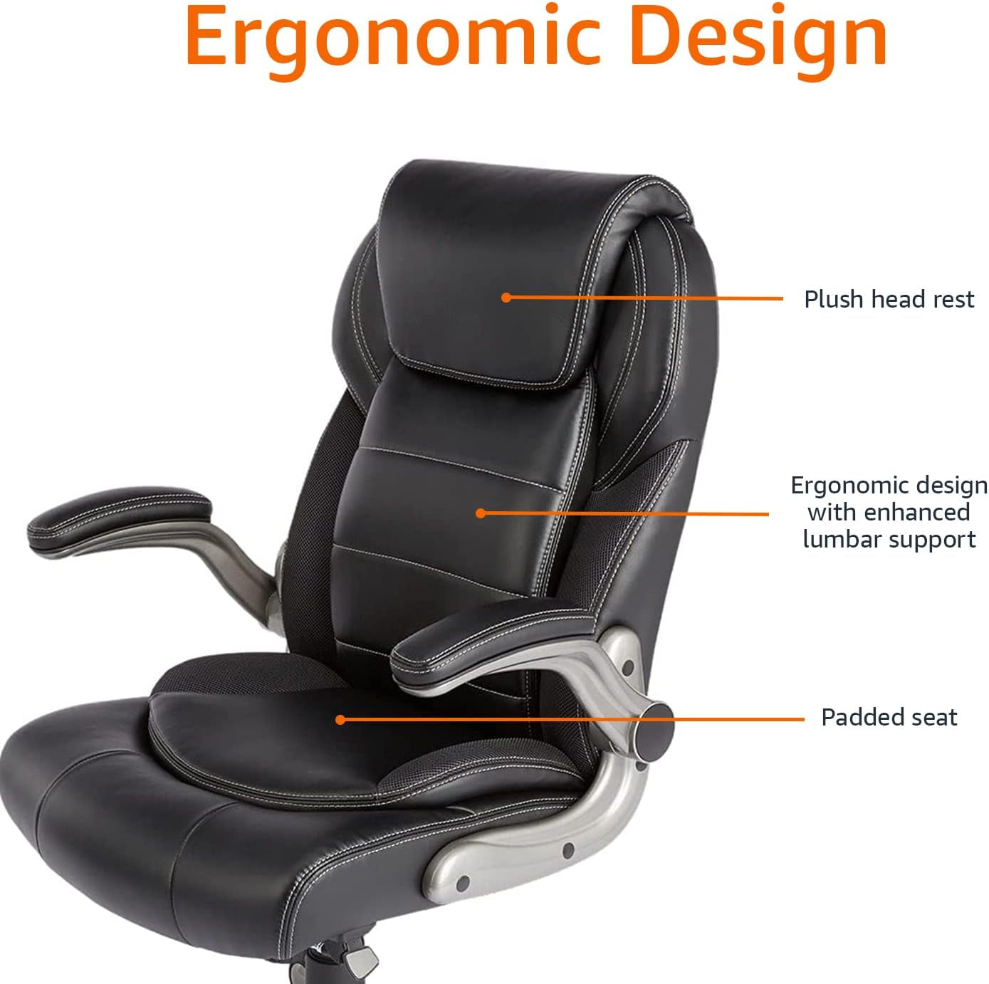 Ergonomic Office Chair, High-Back Bonded Leather with Flip-Up Arms and Lumbar Support, Black, 29.5"D X 27.5"W X 44.75"H-4