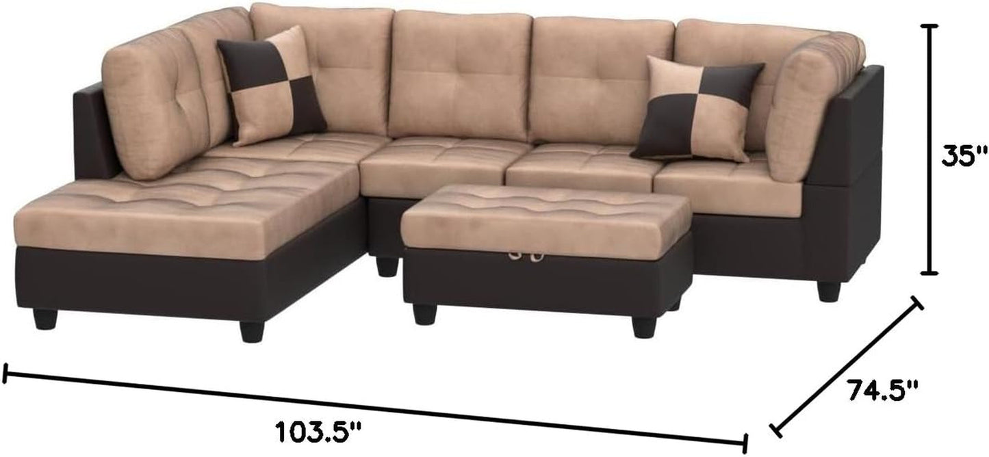 3-Piece Contemporary Sectional Sofa with Chaise and Storage Ottoman for Living Room Furniture | Faux Leather & Microfiber Upholstery | Removable High Density Memory Foam Cushions (Beige,Left-Facing)-1