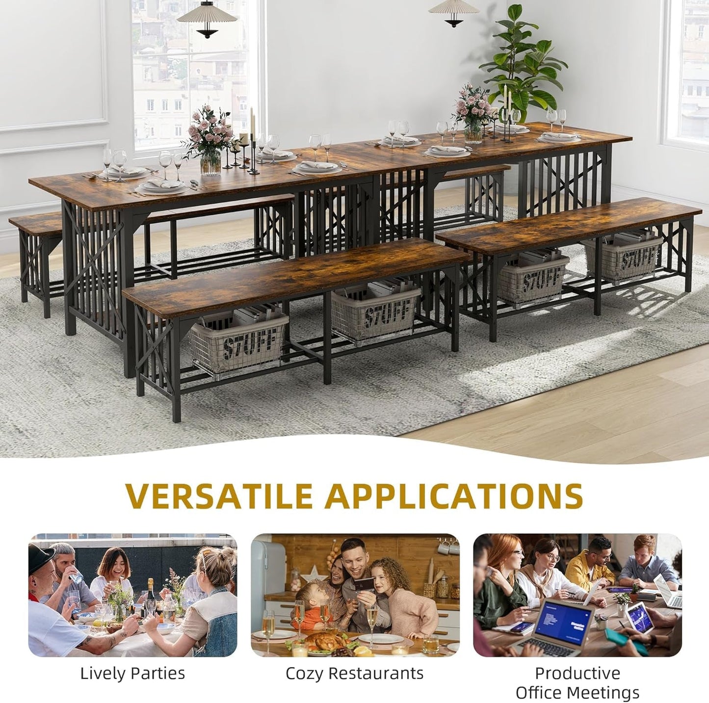 3-Piece Dining Table Set for 4-6 People, 63" Dining Room Table with 2 Benches, Industrial Rectangular Dining Room Table Set with Storage for Kitchen, Dining Room, Rustic Brown-4
