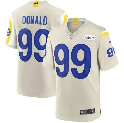 Cream-colored Aaron Donald Los Angeles Rams Nike Game Jersey with number 99 and DONALD on back
