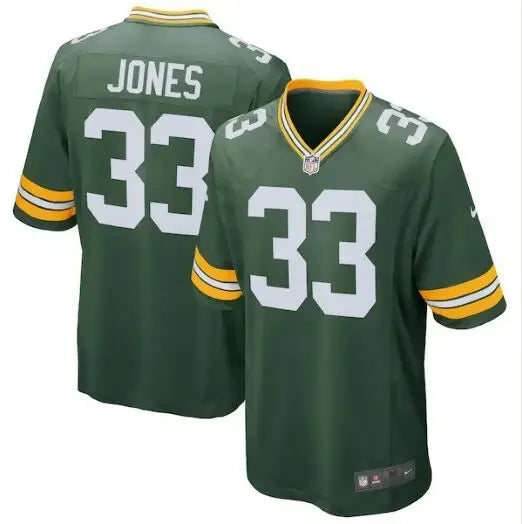 Green Bay Packers Aaron Jones football jersey with number 33 in green Nike Game style