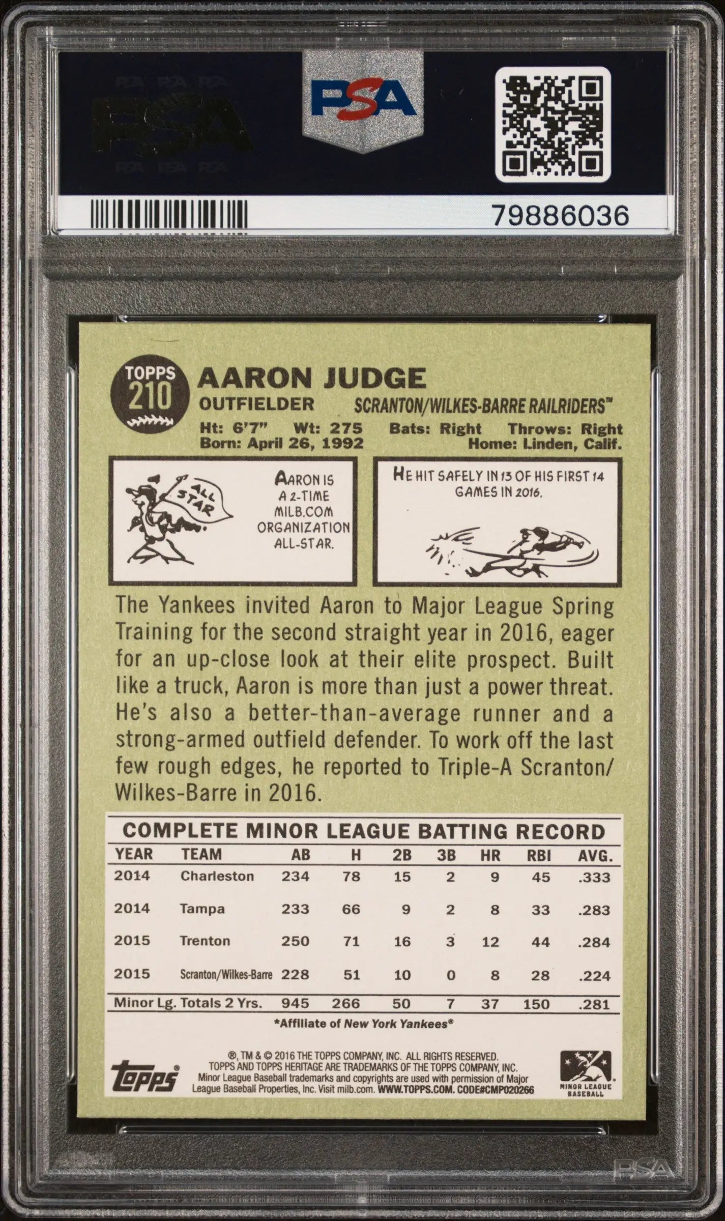 Aaron Judge 2016 Topps Heritage Minor League card graded PSA 7 in protective holder