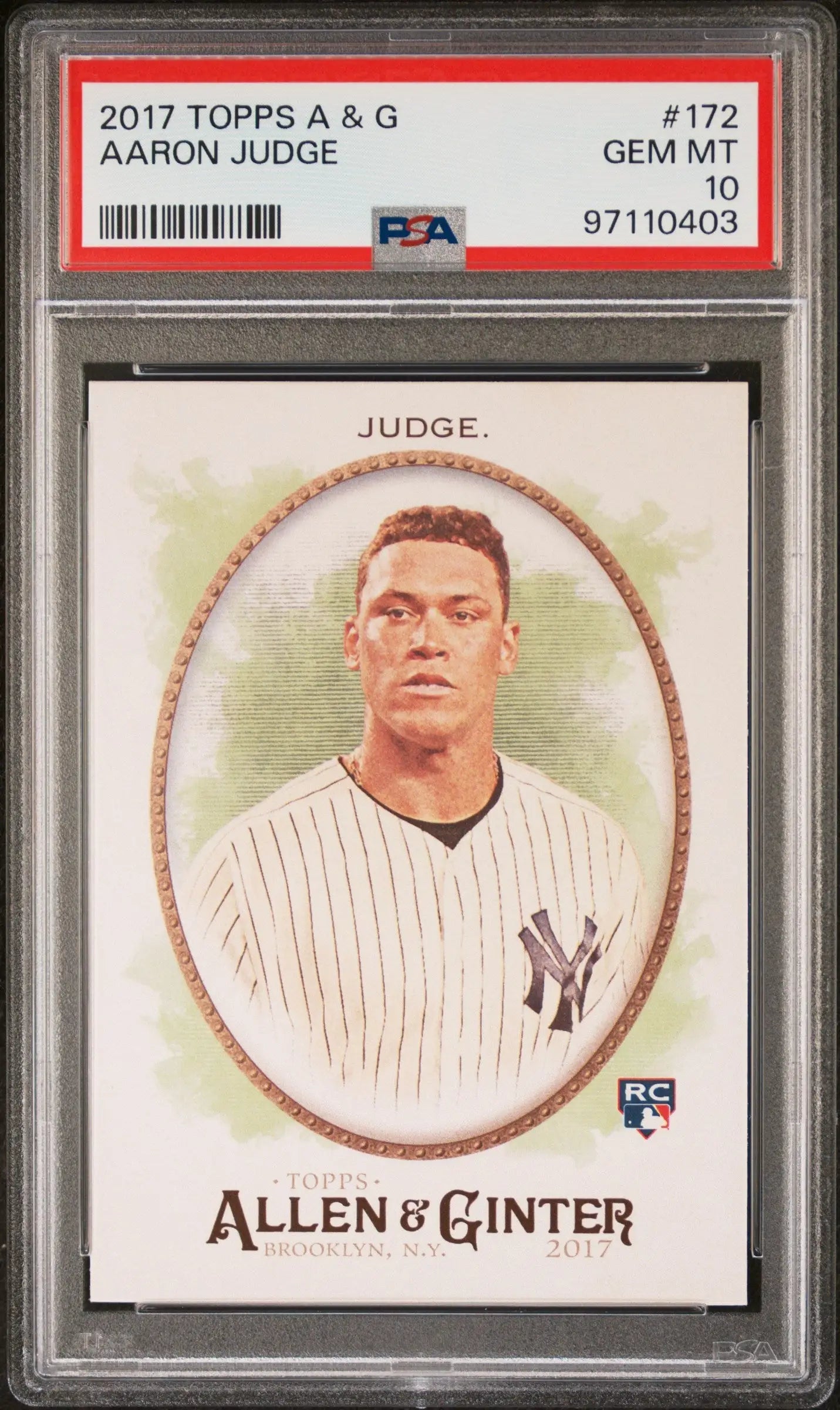 PSA-graded Aaron Judge 2017 Topps Allen & Ginter Rookie #172 in protective case