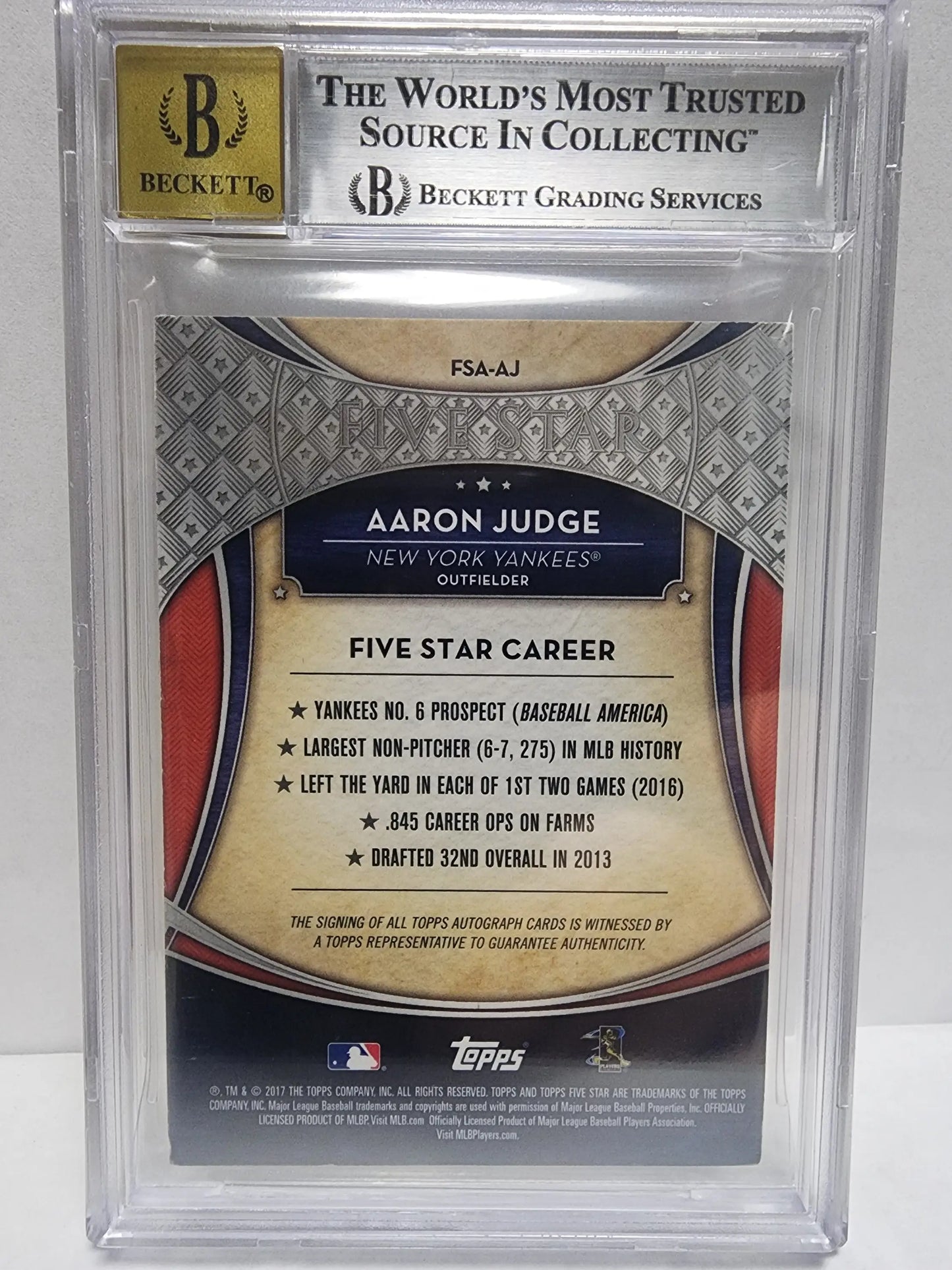 Graded Aaron Judge baseball card from Topps Five Star with Five Star Auto BGS 7 Auto 10