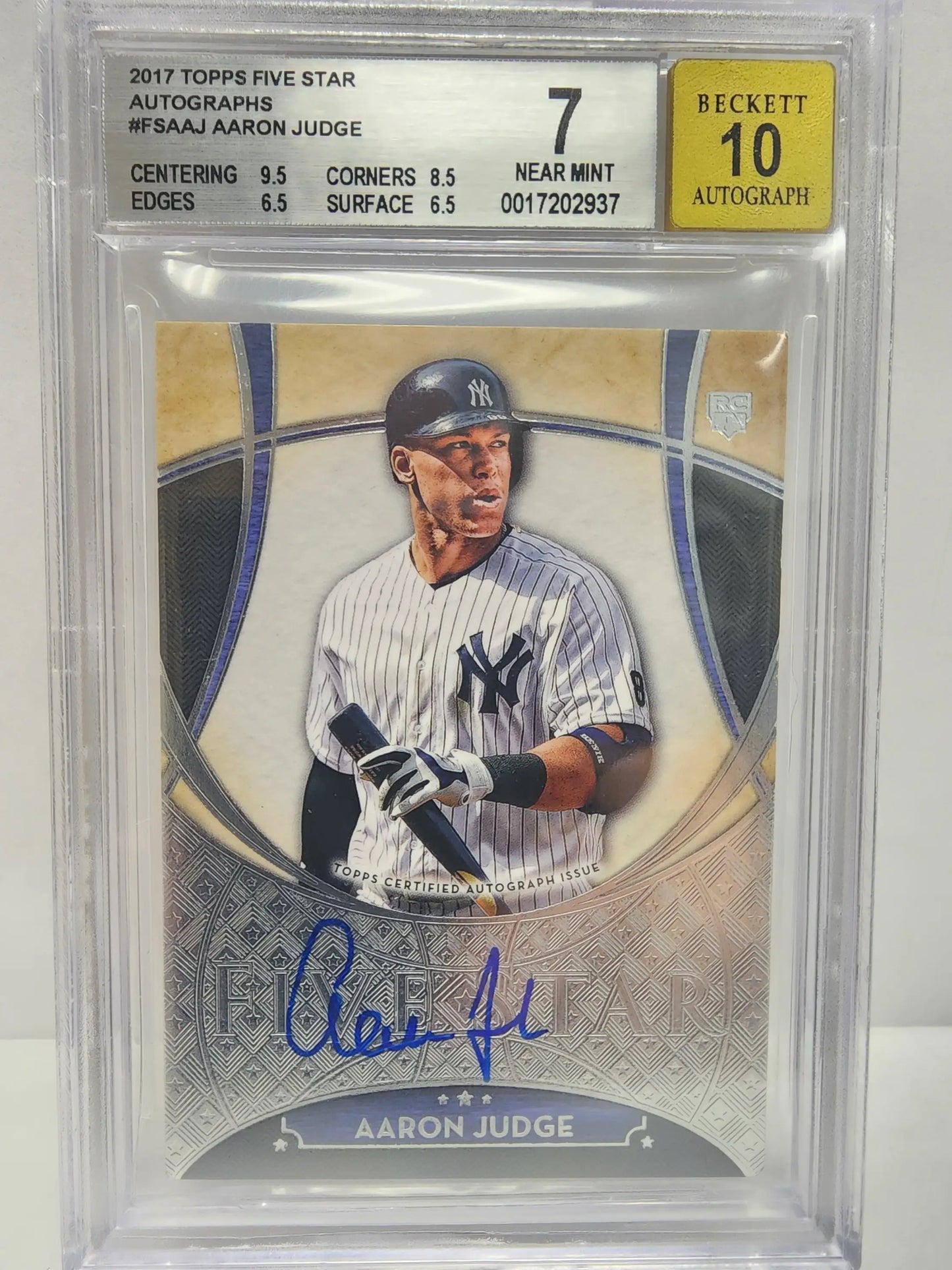 Graded Aaron Judge autographed baseball card from Topps Five Star with BGS 7 auto 10