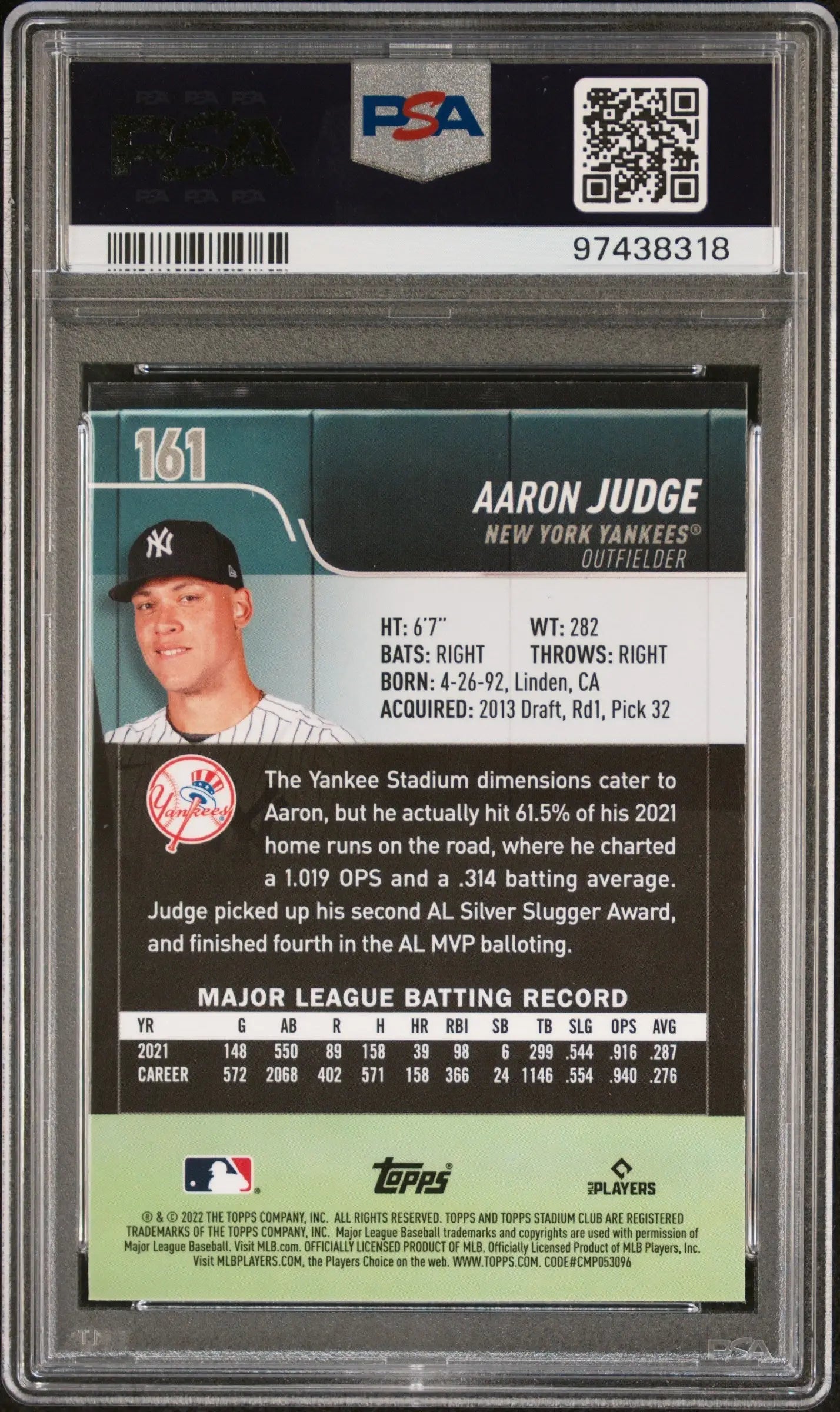 Graded Aaron Judge baseball card from Stadium Club Chrome Gold Minted series PSA 10