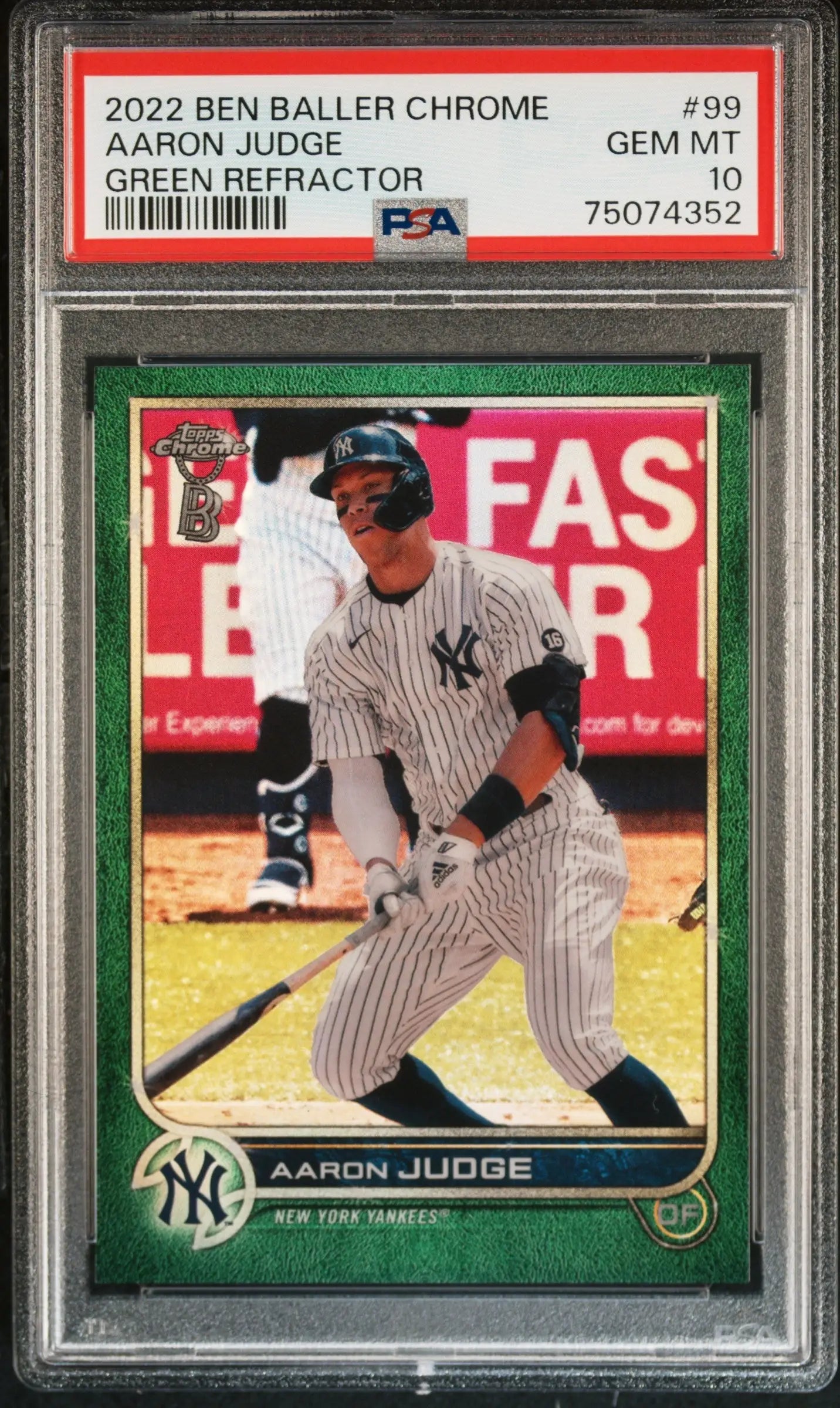 PSA 10 Gem Mint Aaron Judge 2022 Topps Ben Baller Green Refractor Chrome card