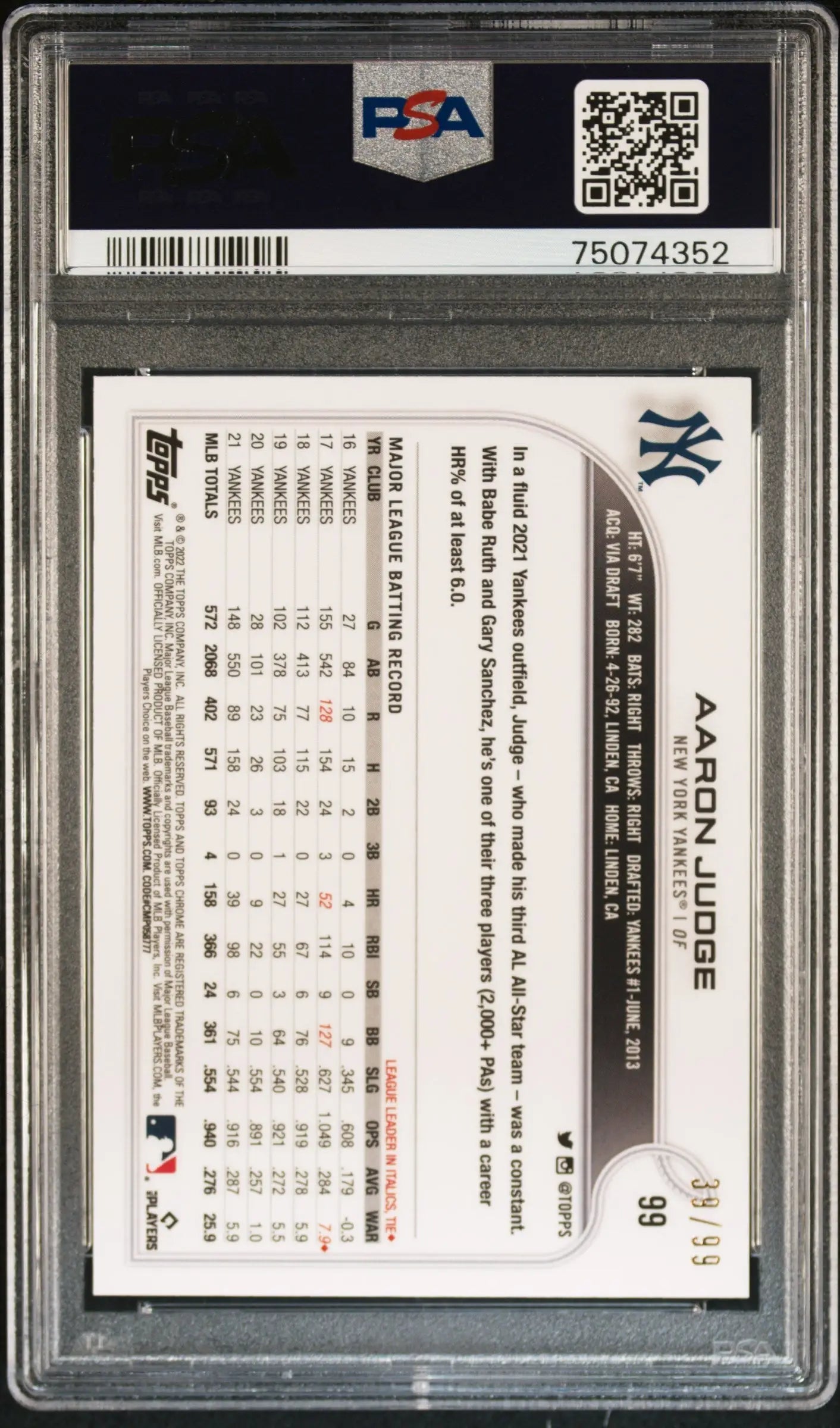 PSA graded Aaron Judge 2022 Topps Ben Baller Chrome Green Refractor card statistics