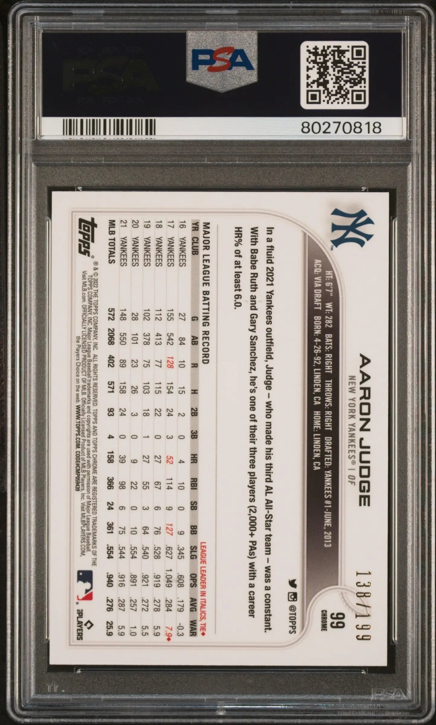 Aaron Judge baseball card Topps Chrome Sonic Aqua Pink Refractor PSA 10 Gem Mint