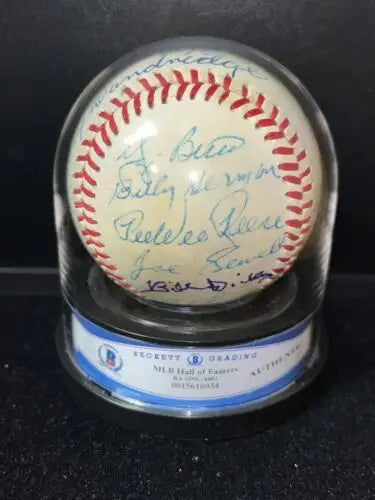 Autographed auto ball baseball in display case, Aaron Mize Reese Berra HOF Beckett 19 Sigs