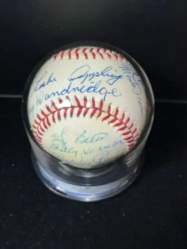 Autographed Aaron Mize Reese Berra HOF Auto Ball Baseball in clear display case