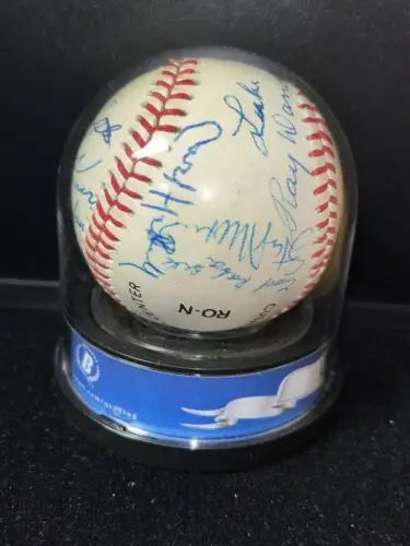Autographed Aaron Mize Reese Berra HOF Multi Signed Auto Ball Baseball in display case