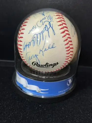 Autographed Aaron Mize Reese Berra HOF Multi Signed Auto Ball Baseball in display case
