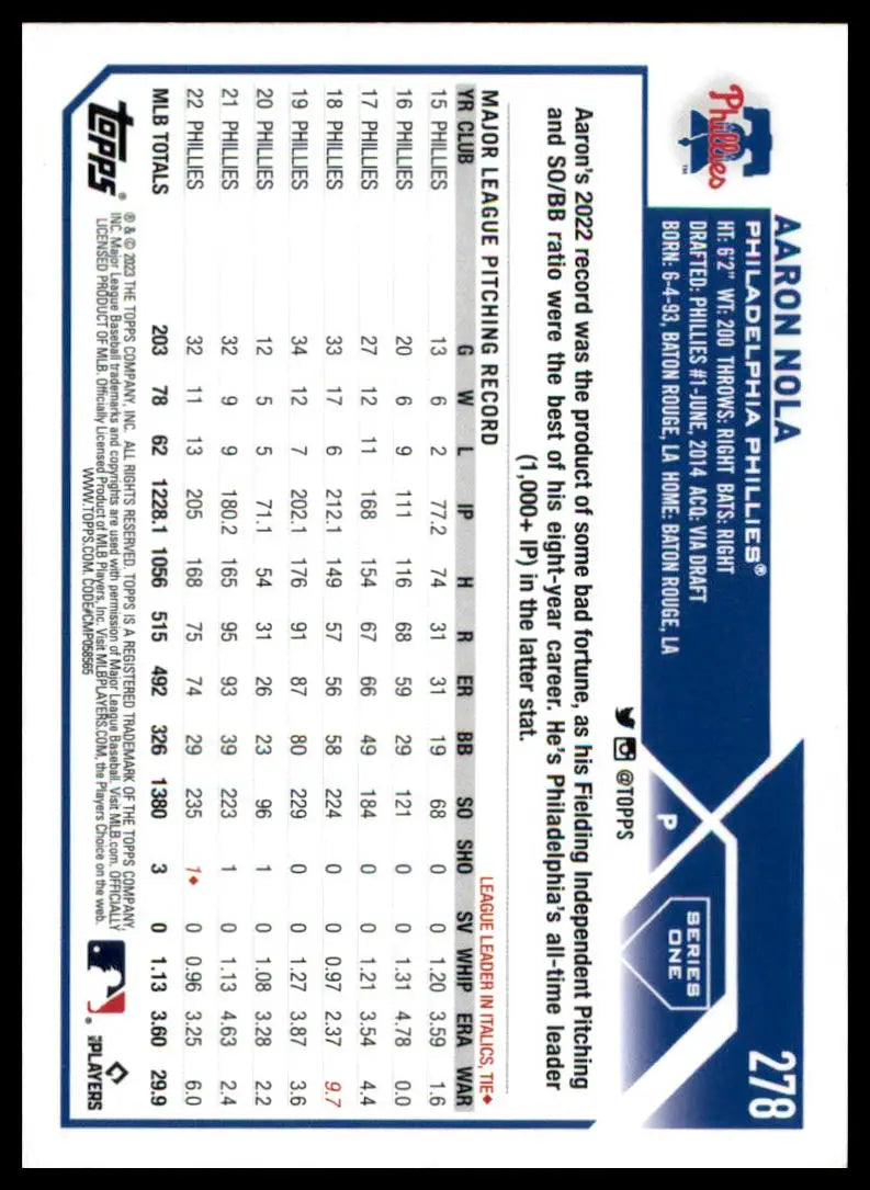Baseball card back featuring Aaron Nola from 2023 Topps #278 Philadelphia Phillies