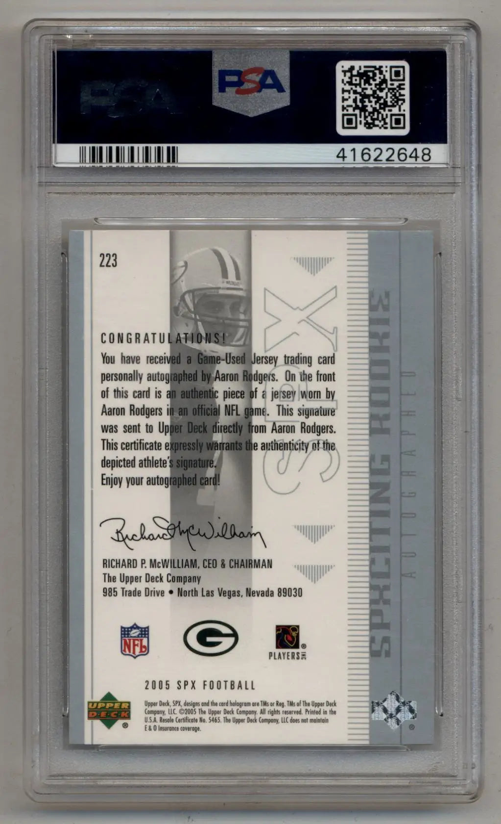 Aaron Rodgers 2005 SPx Signed Jersey #223 016/250 PSA 9 Mint - Singles