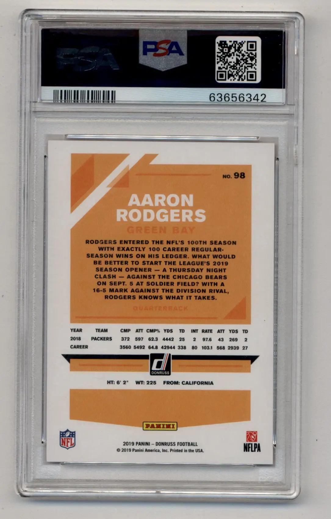 Aaron Rodgers 2019 Donruss Aaron Rodgers Jersey Number 01/12 #98 PSA 10 Gem Mint - Singles