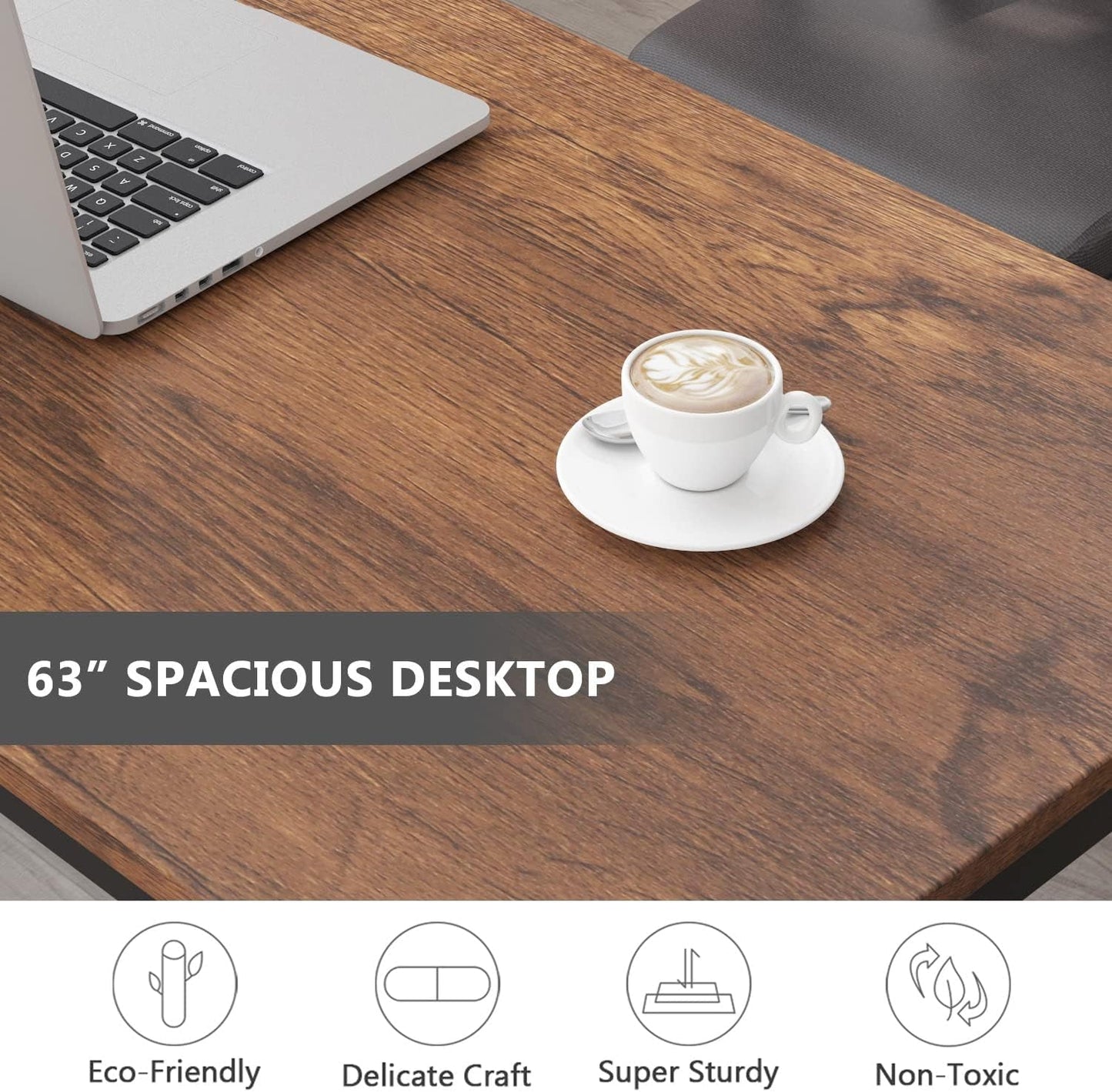 Computer Desk, 63 Inch Large Office Desk Computer Table Study Writing Desk Workstation for Home Office, Rustic Brown-4