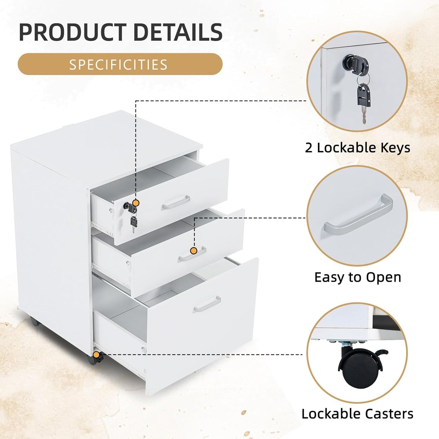3 Drawer Mobile File Cabinet, Rolling Vertical Filing Cabinet Fits A4, Legal Paper and Letter Paper for Home Office, White with Lock-4