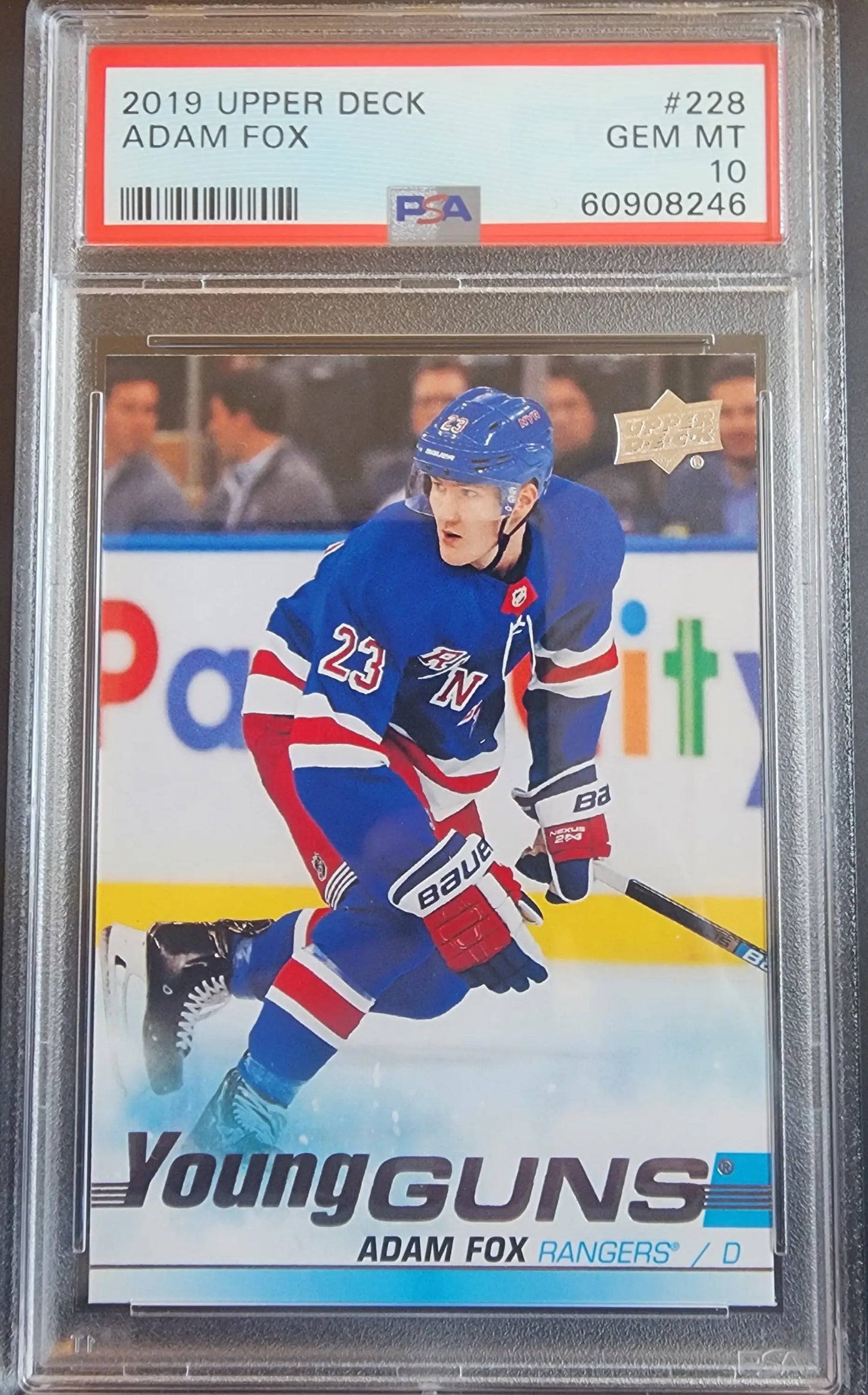 PSA-graded Adam Fox 2019 Upper Deck Young Guns hockey card in Gem Mint condition