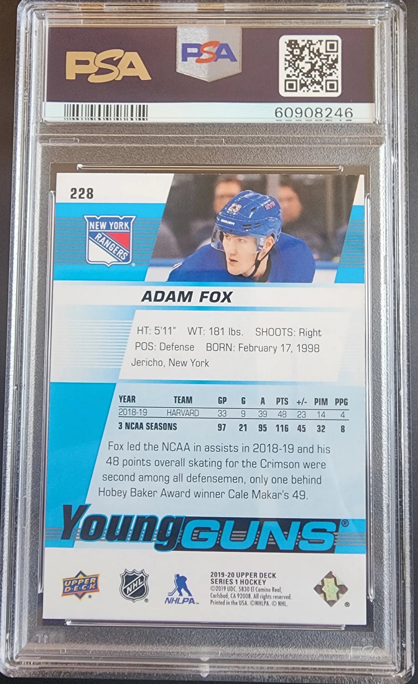 PSA-graded Adam Fox 2019 Upper Deck #228 Gem Mint hockey card in blue Rangers jersey