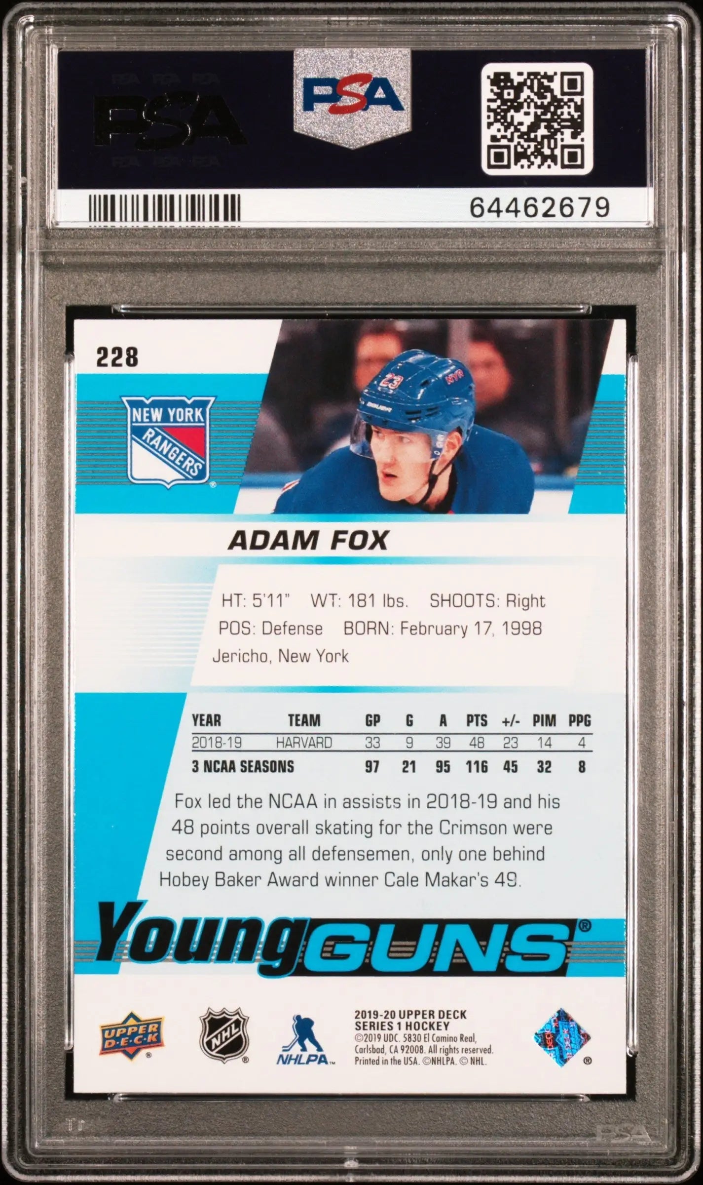 PSA-graded Adam Fox 2019 Upper Deck #228 Gem Mint hockey trading card