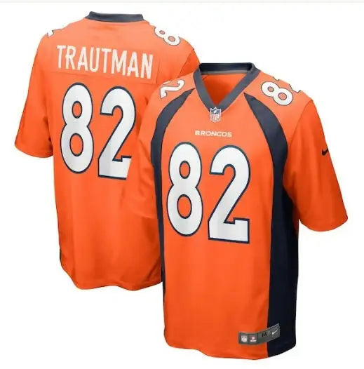 Orange Denver Broncos Adam Trautman football jersey displayed in product image