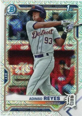 Adinso Reyes Bowman Chrome Mojo Refractor baseball card from 2021 Detroit Tigers series