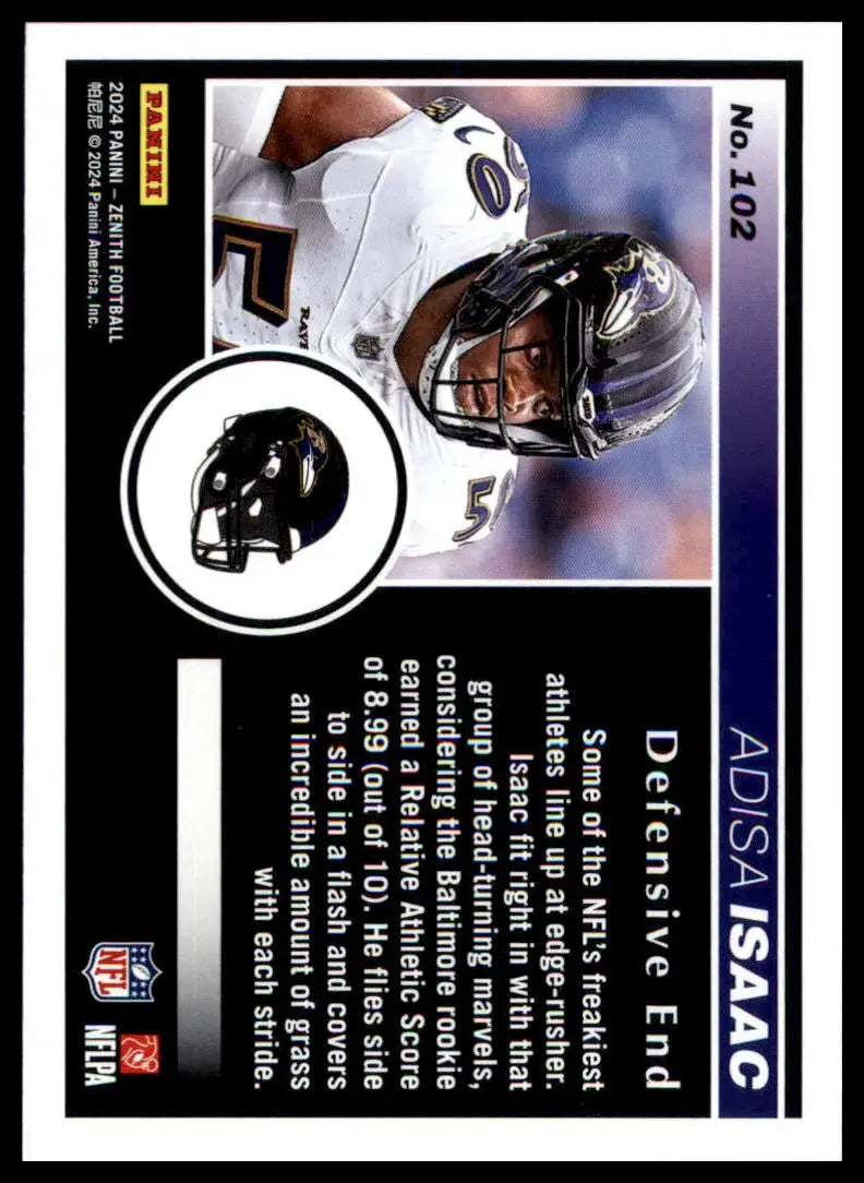 Football trading card of Adisa Isaac from Panini Zenith 2024 Baltimore Ravens rookie set