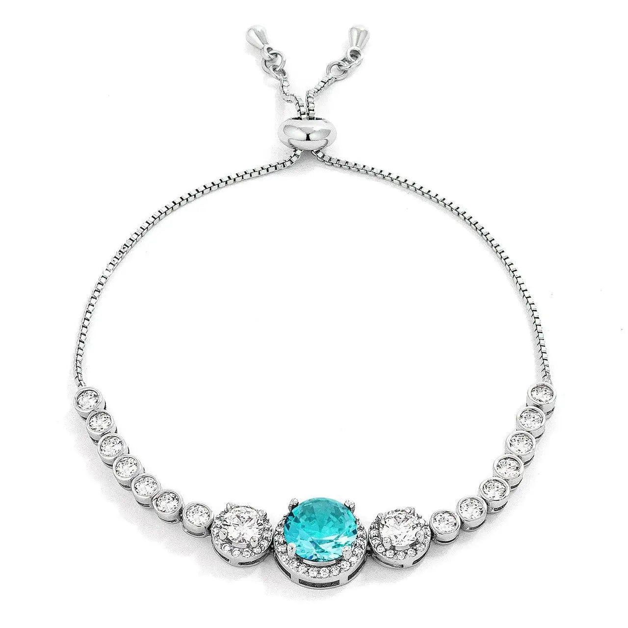 Adjustable Rhodium Plated Graduated Aqua CZ Bolo Style Tennis Bracelet - Bracelets