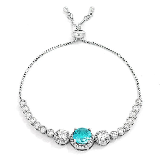 Adjustable Rhodium Plated Graduated Aqua CZ Bolo Style Tennis Bracelet - Bracelets