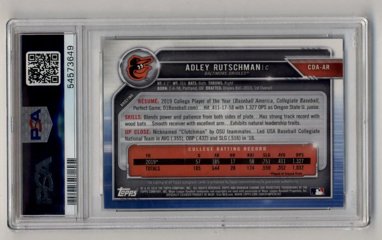 Adley Rutschman 2019 Bowman Chrome Draft Picks Blue Wave Refractor Auto in case