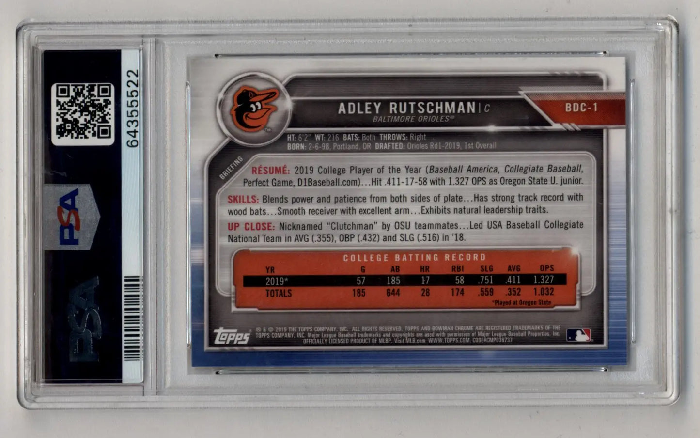 Graded Adley Rutschman Bowman Chrome Draft Sapphire Edition baseball card PSA 10