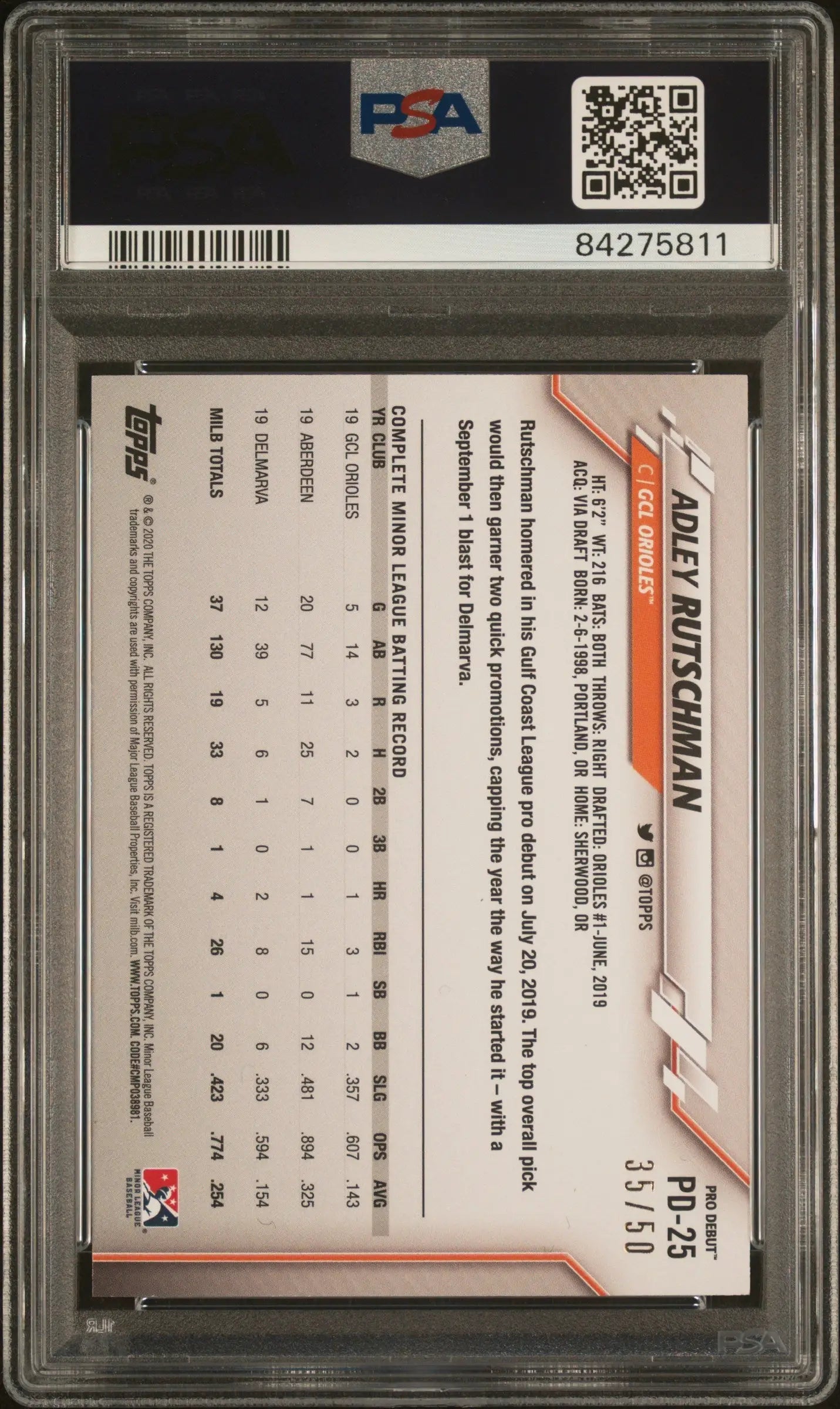 PSA graded Adley Rutschman 2020 Topps Pro Debut Gold trading card back in protective case