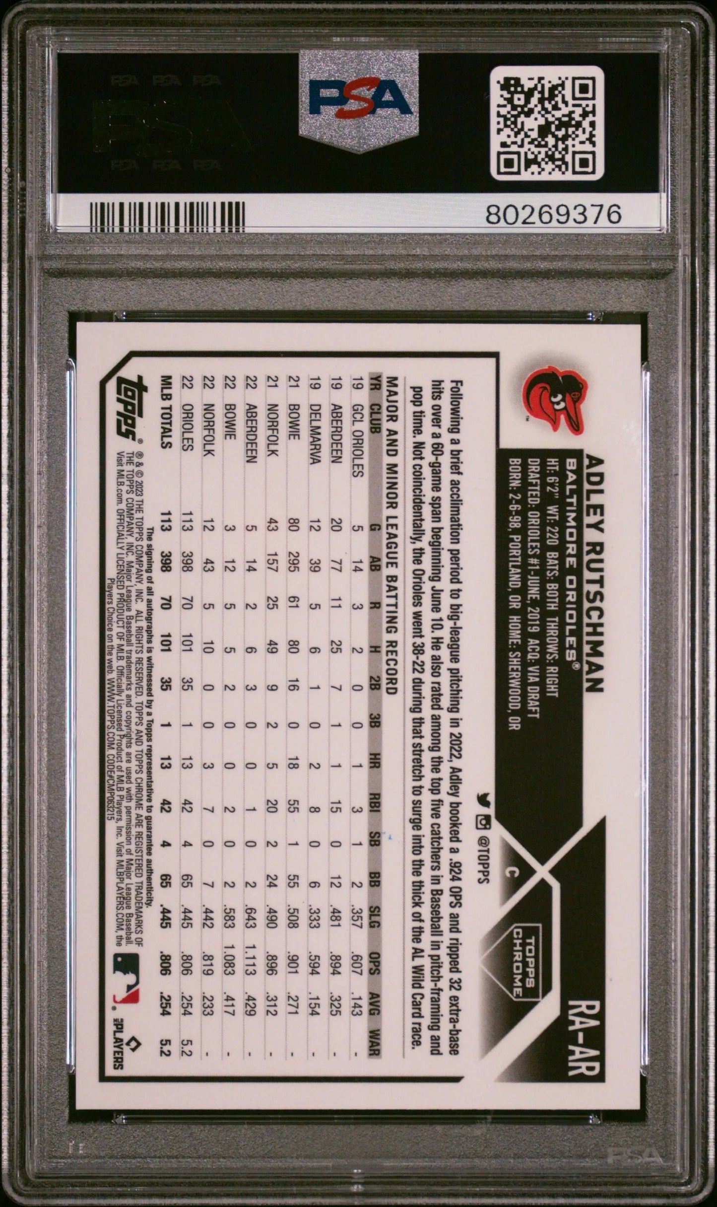 Baseball trading card of Adley Rutschman in Topps Chrome Auto PSA 10 protective case