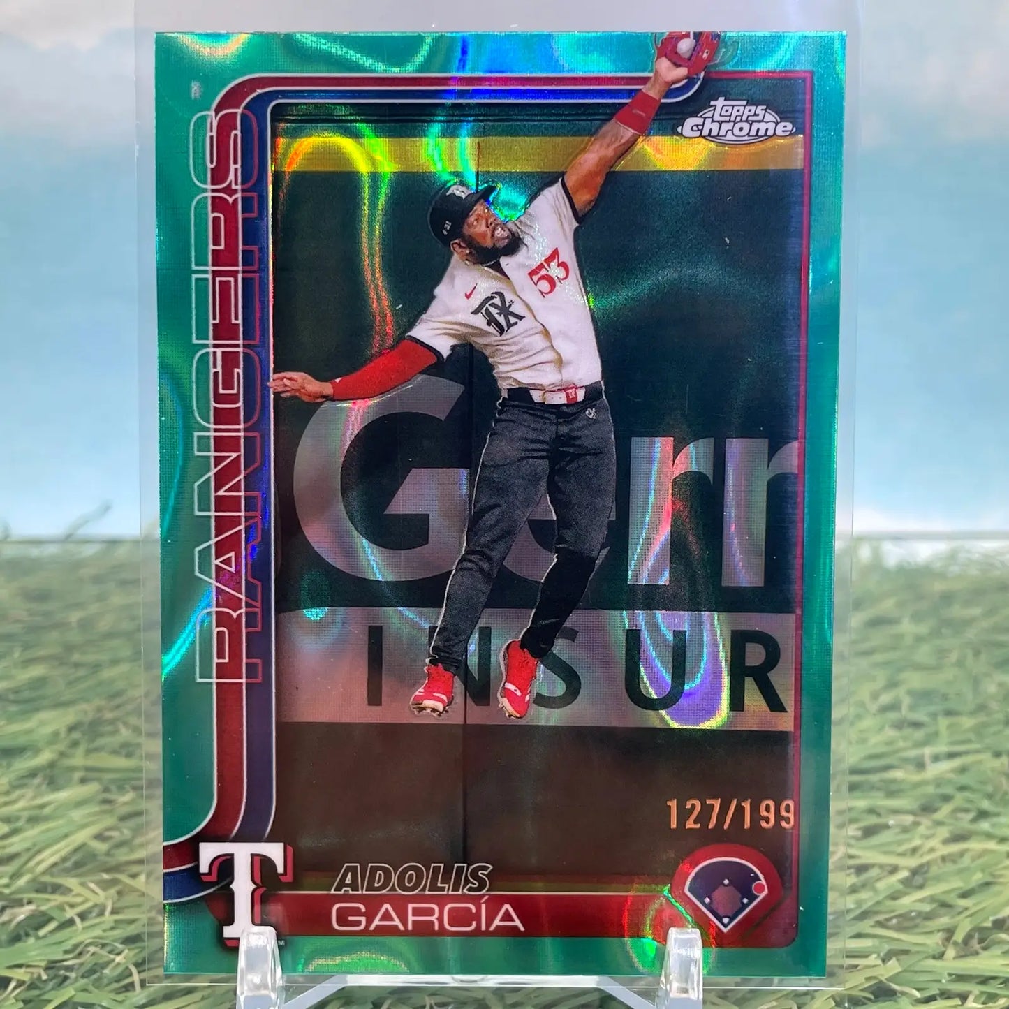 Green Topps Chrome Aqua Refractor baseball card of Adolis García Texas Rangers #293
