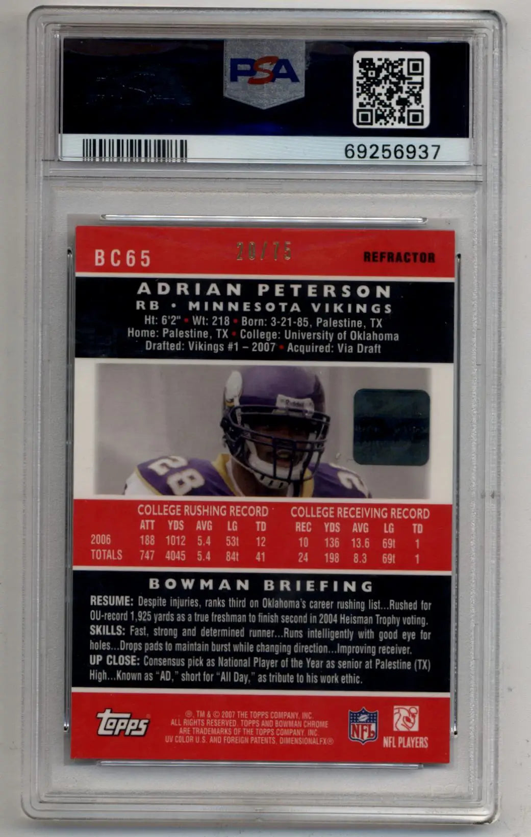 Adrian Peterson 2007 Bowman Chrome Blue Refractor Auto 20/75 PSA 9 Mint - Singles