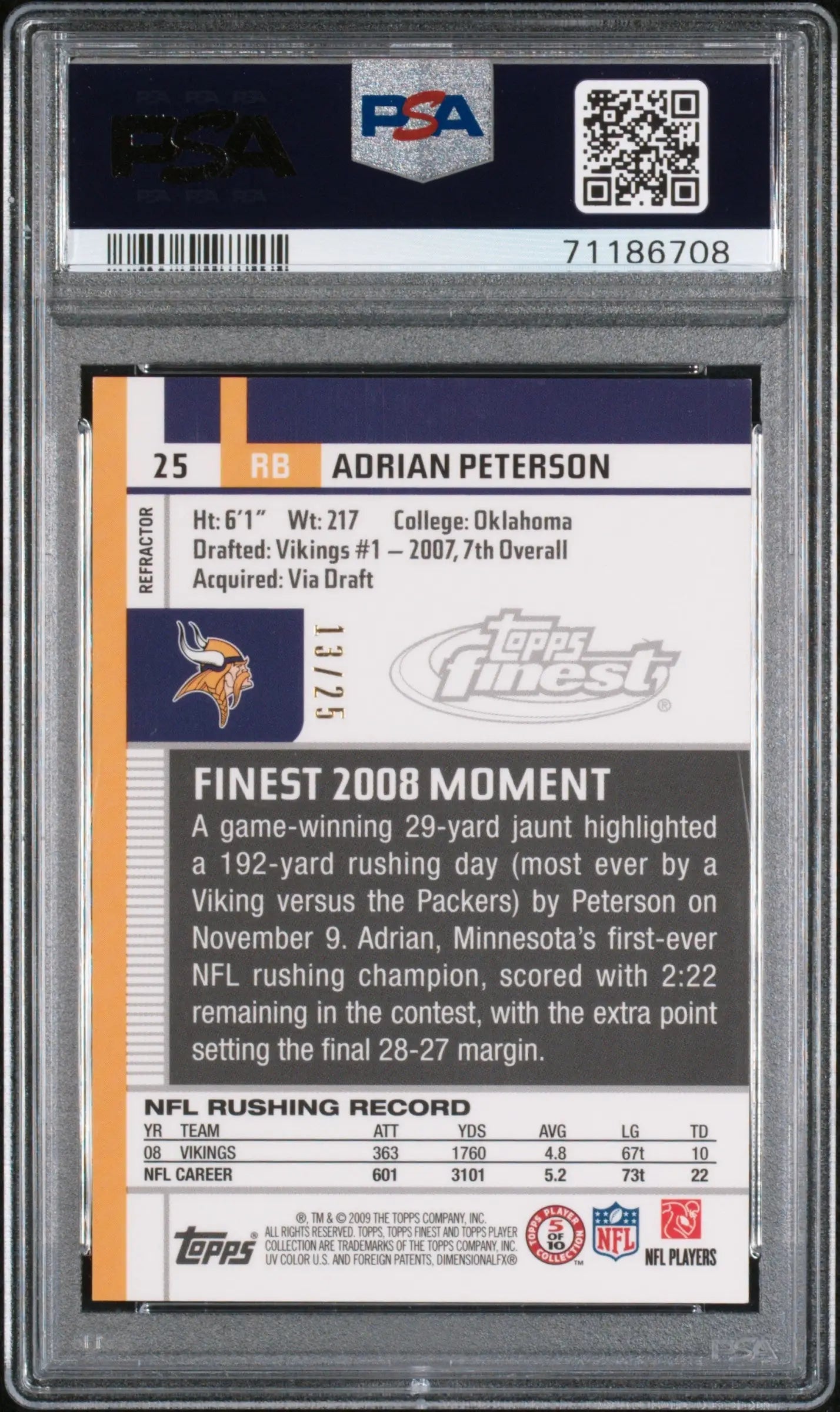 Adrian Peterson 2009 Topps Finest #25 Red Refractor #13/25 PSA 9 Mint - Singles
