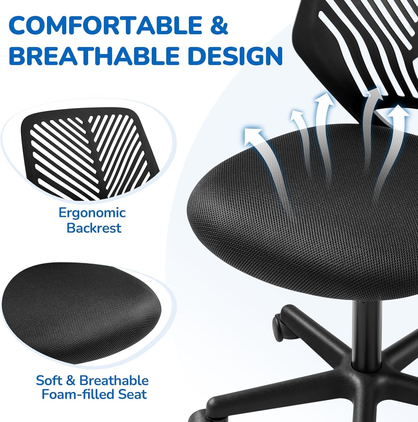 Students Cute Desk Chair Low-Back Armless Study Chair W/Lumbar Support Adjustable Swivel Chair in Home Bedroom School, Black-4