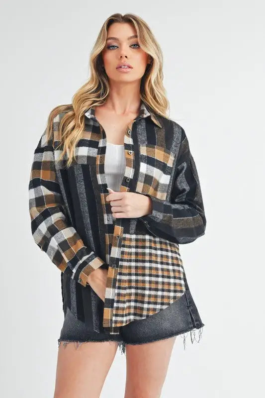 Women’s Aem+Co Curved Hem Plaid Button Up Shirt with mixed plaid and striped pattern