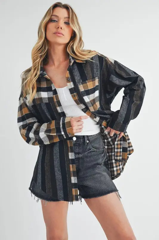 Reversible plaid and stripe button-down flannel shirt from Aem+Co Curved Hem Collection
