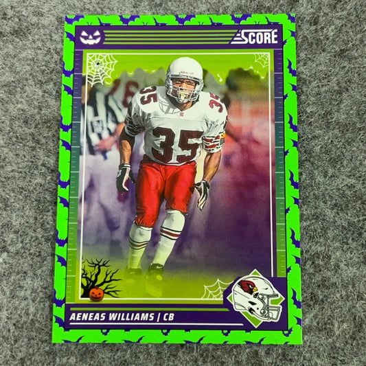 Halloween-themed Aeneas Williams football trading card in white and red Arizona Cardinals uniform