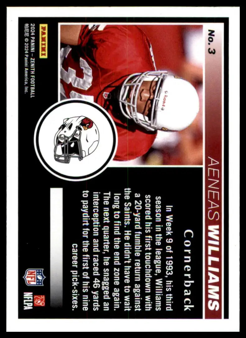 Football trading card featuring Aeneas Williams from Panini Zenith 2024 Arizona Cardinals