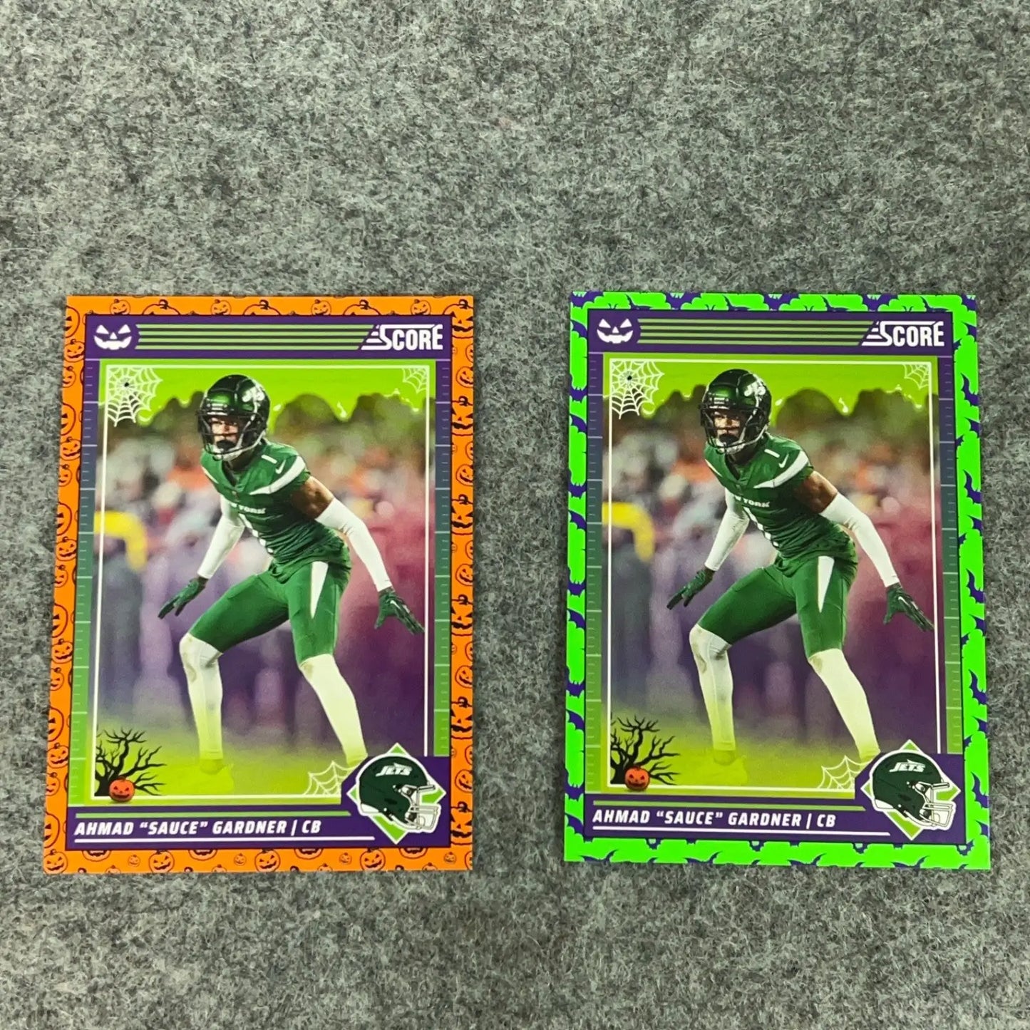 Ahmad Sauce Gardner Jets football card set with Halloween-themed collectible trading cards