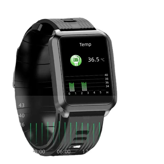 Black Smartwatch P60 with air pump blood pressure monitor and temperature graph display